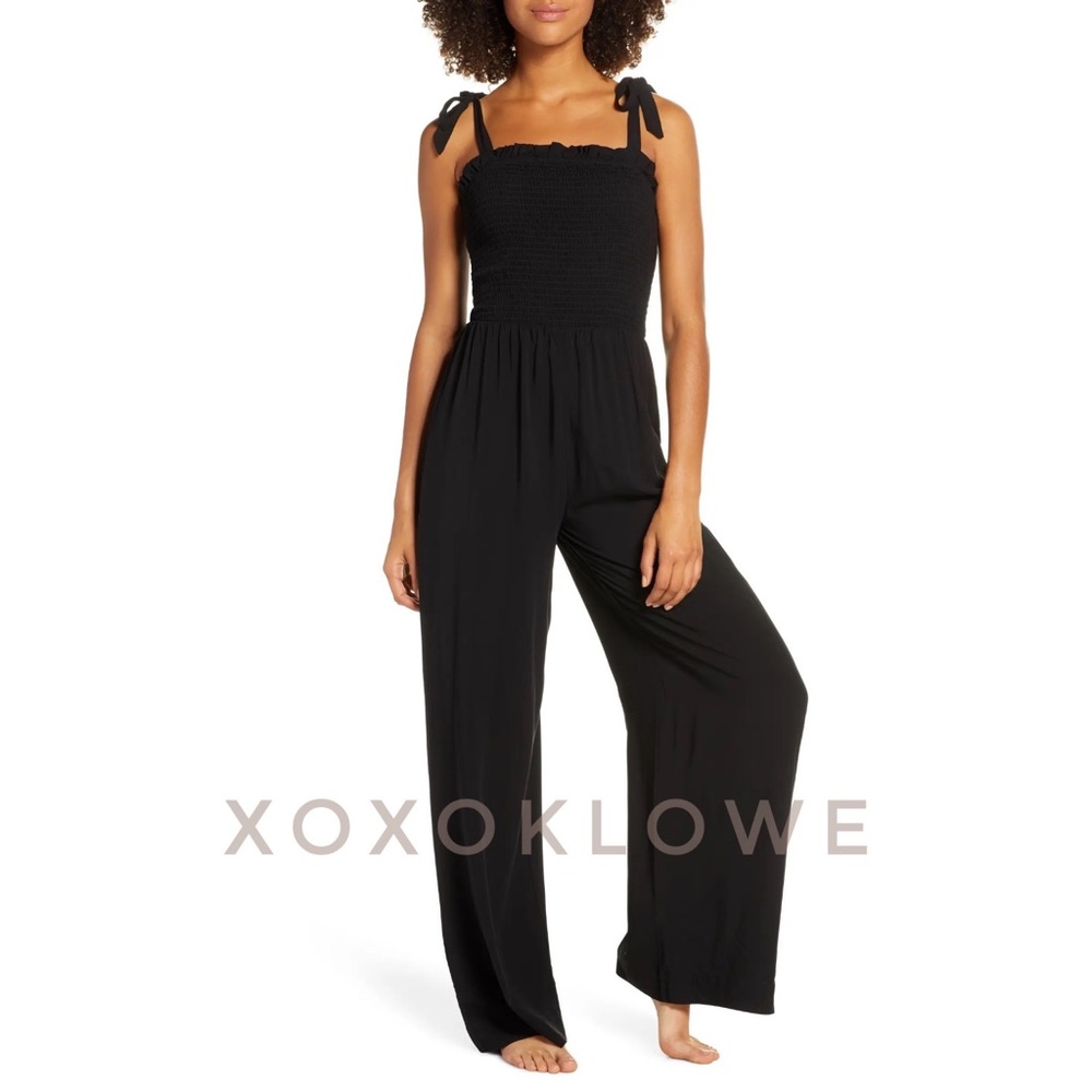 POL Black Relaxed Fit Smocked Jumpsuit Self Tie Shoulder Ribbons - Picture 3 of 16